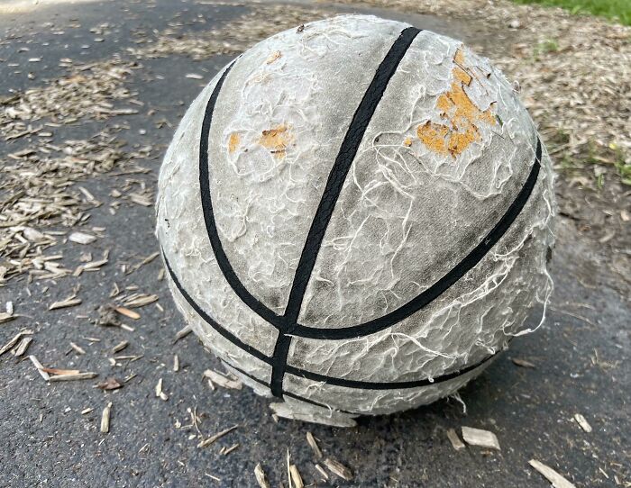 Worn-down basketball showing the effects of time and use on a textured outdoor surface.