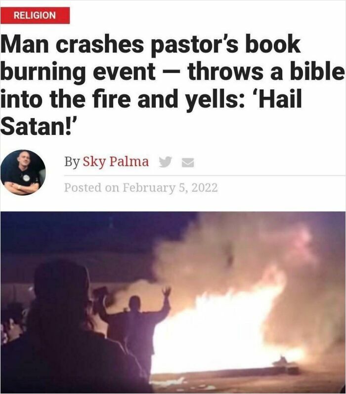 Man disrupts book burning event, throws Bible into fire, causing both laughter and despair.