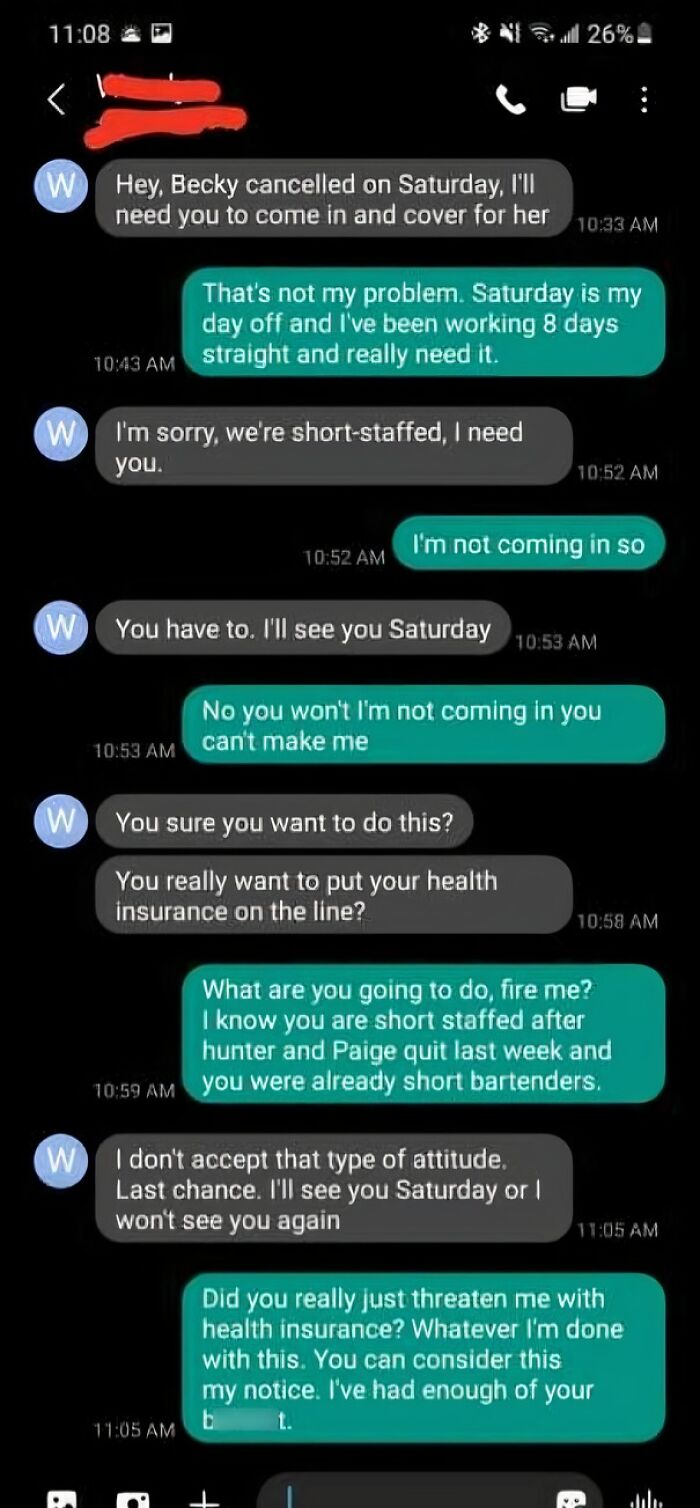 Text conversation showing an employee refusing extra shifts and quitting a job after a conflict about health insurance.