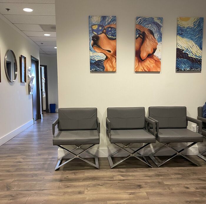 Gray waiting room chairs and dog art highlight unfortunate interior design choices.