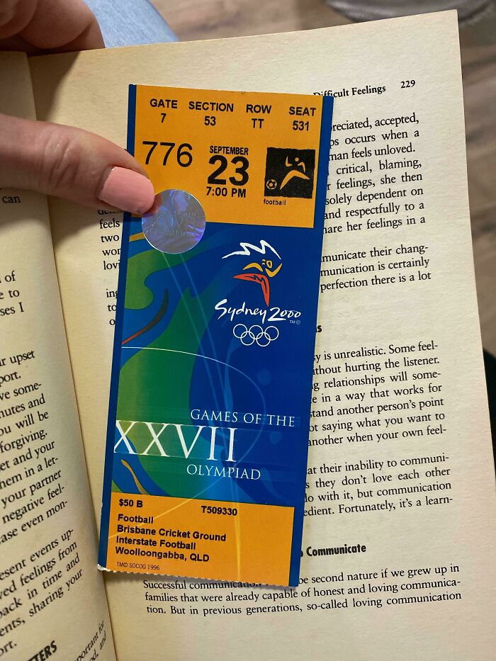 Sydney 2000 Olympic Games ticket with book background, showcasing cool products with surprises.