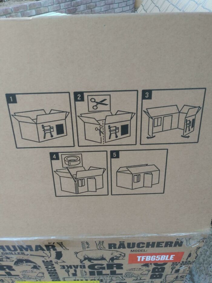 Cardboard box with illustrated instructions showing assembly steps for a structure, resembling cool products with surprises.