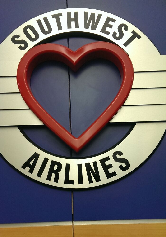 Unfortunate interior design with Southwest Airlines logo on a blue background.