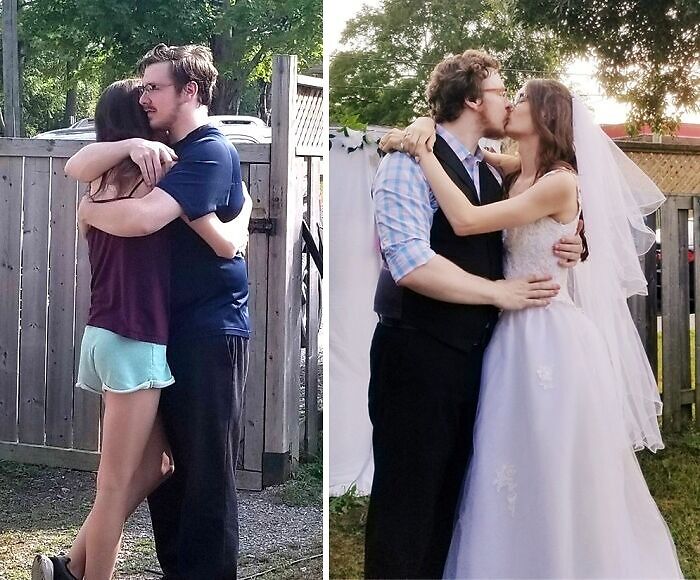 Couple embracing, then kissing on wedding day, showcasing long-distance love transforming into marriage.