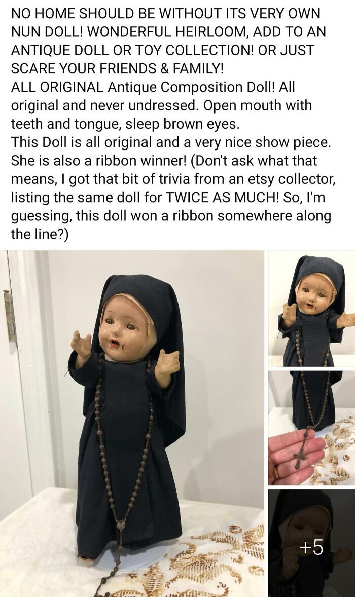 Antique nun doll with open mouth and rosary beads on display; a perfect example of creepy things sold online.