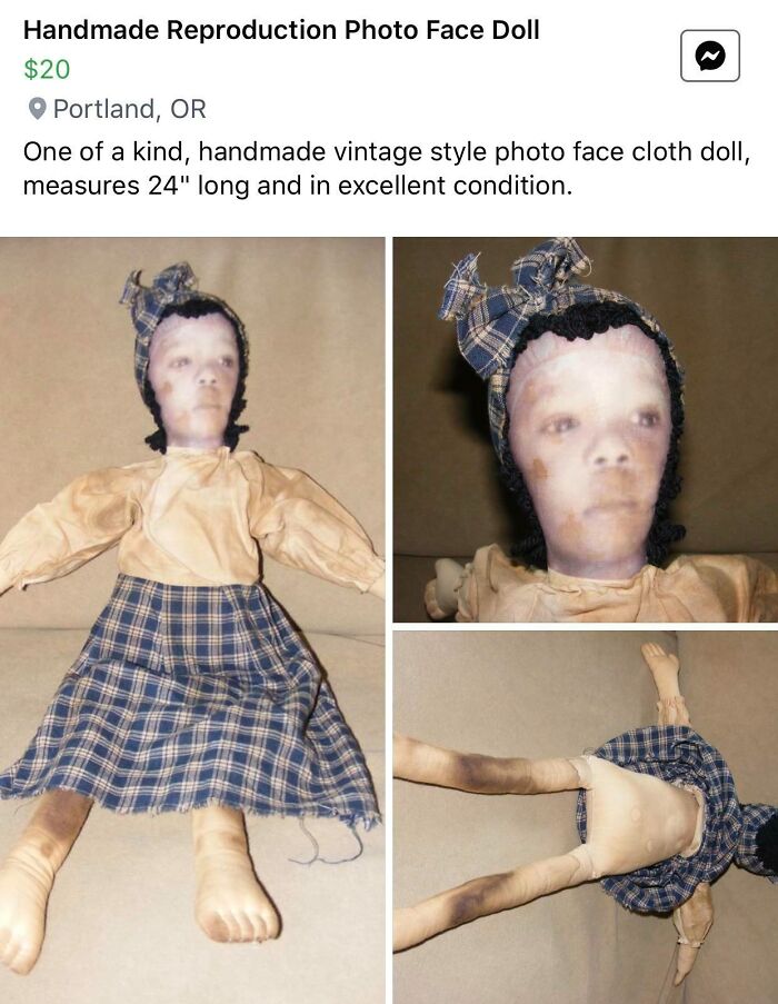 Vintage creepy photo face doll with cloth body and plaid dress.