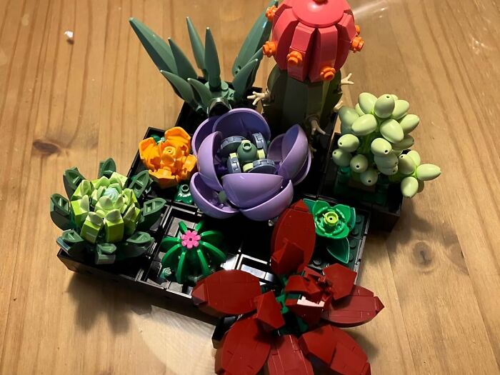 Lego succulents arranged on a wooden table, showcasing dopamine decor for creative home styling.