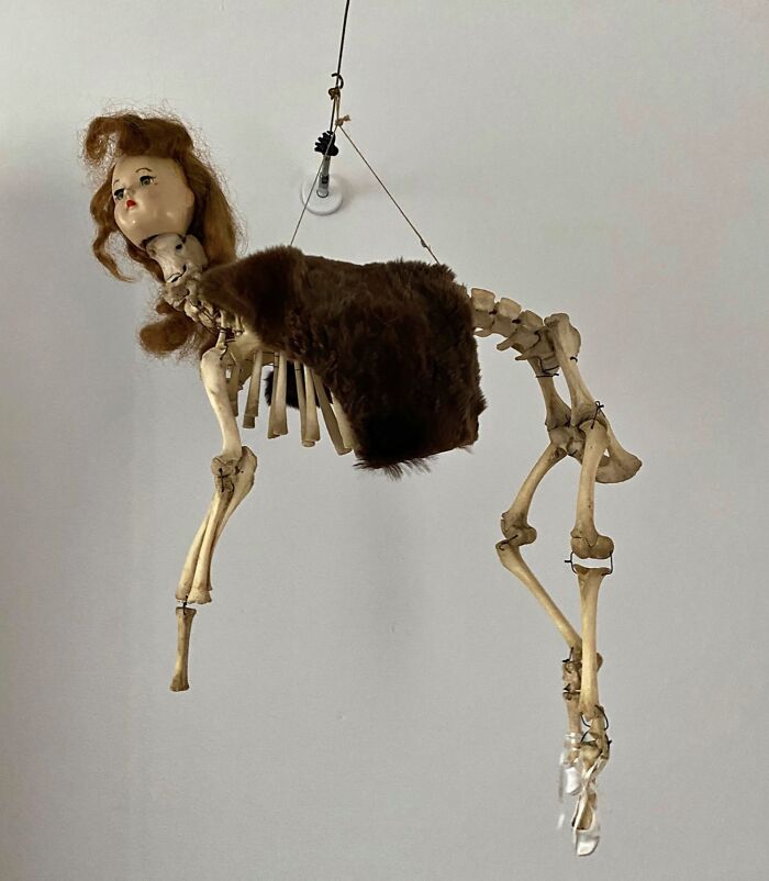 Hanging doll with skeletal body and fur back, an example of creepy things available online.