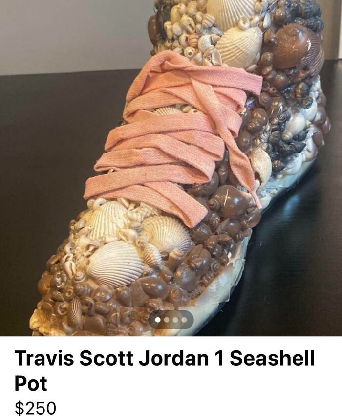 Seashell pot shaped like a sneaker with pink laces, listed for sale online, highlighting creepy things to sell.