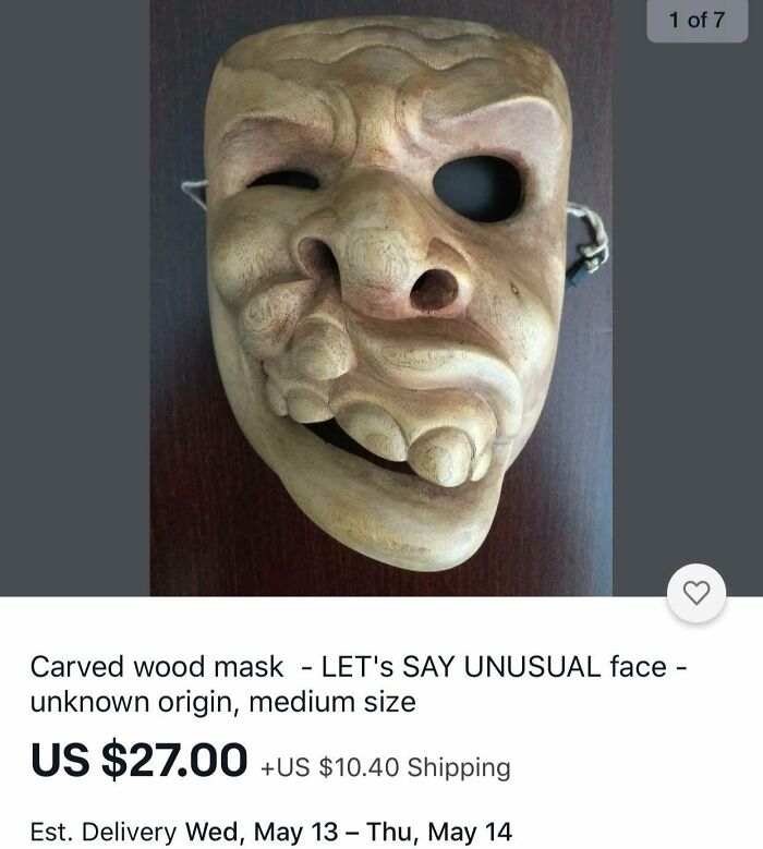 Carved wood mask with unusual face, creepy things to sell online, priced at $27.