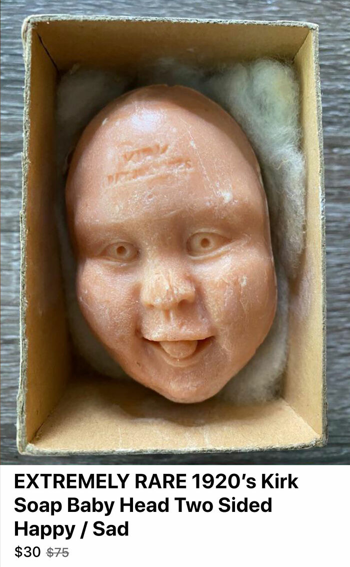 Vintage 1920s soap baby head with dual expressions, a unique creepy item to sell online.