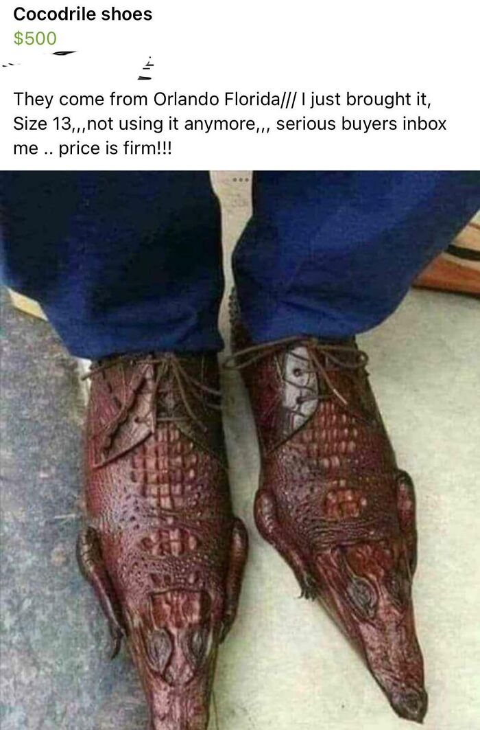 Crocodile-shaped shoes for sale online; unique and creepy footwear.