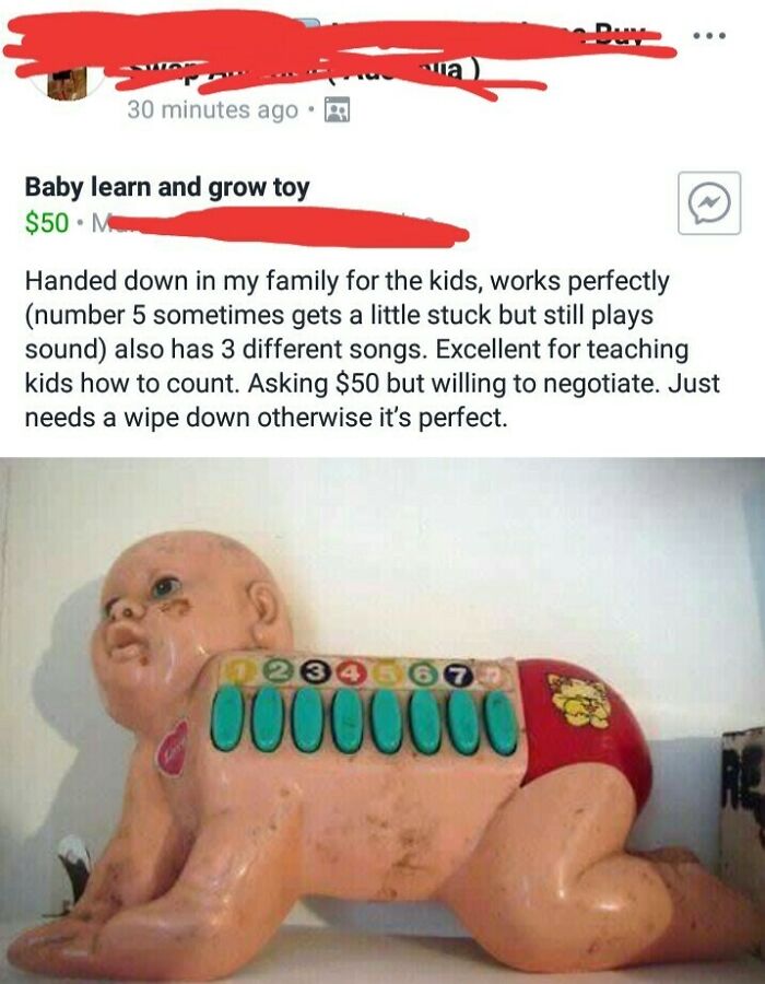 Creepy vintage crawling baby toy with numbered buttons for sale online.