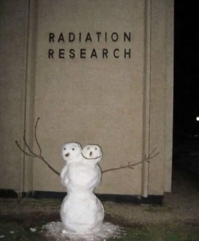 Snowman with two heads and branches in front of "Radiation Research," showcasing a science meme.