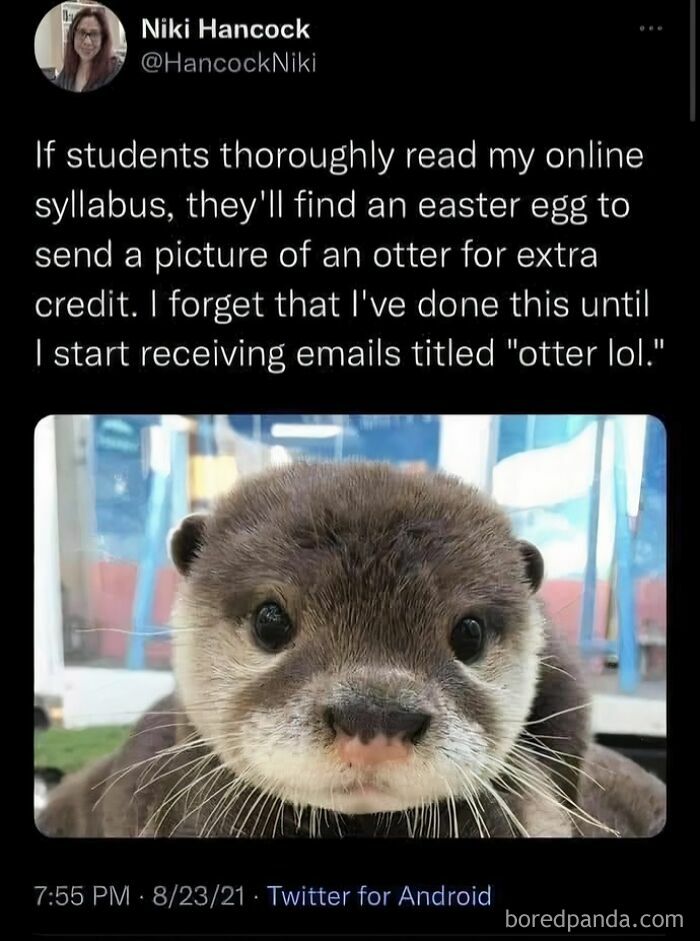 Science meme about an otter used for extra credit, shared on a FB page.