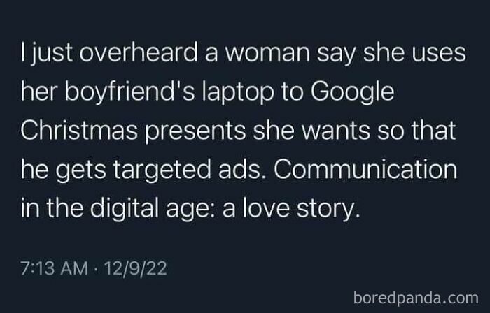 Science meme text about using a boyfriend's laptop for targeted ads as a digital age love story.