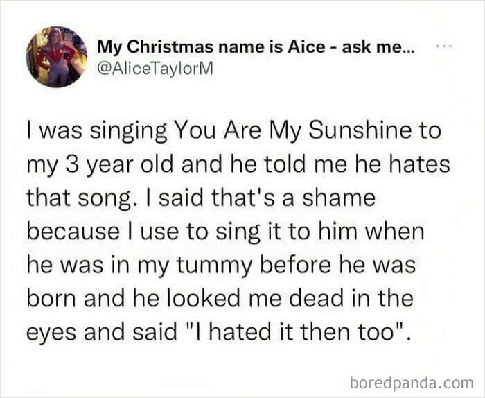 Funny science meme about a 3-year-old disliking "You Are My Sunshine" song, humorously dismissing it since before being born.