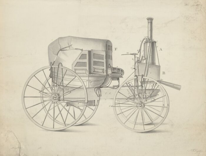 19th-century steam-powered carriage illustration, an example of historical inventions ahead of their time.