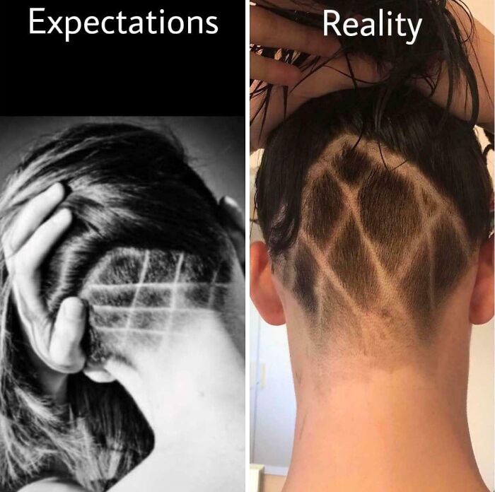 Hair accidents comparison: left shows a neat pattern expectation, right shows a messy reality.