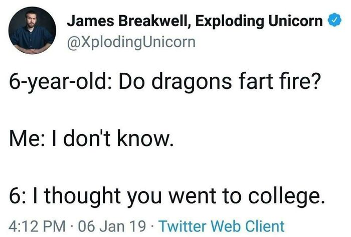 Tweet about awkward parents kids conversation on dragons and college.