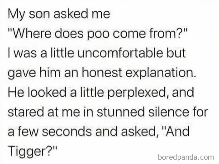 Science meme with text about a child's question on "poo," humorously misunderstanding it as related to "Tigger."