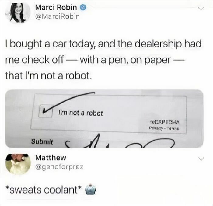 Science meme about buying a car, humorously signing a paper to confirm not being a robot.