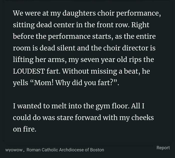 Text about awkward conversation between parent and kid at a choir performance.