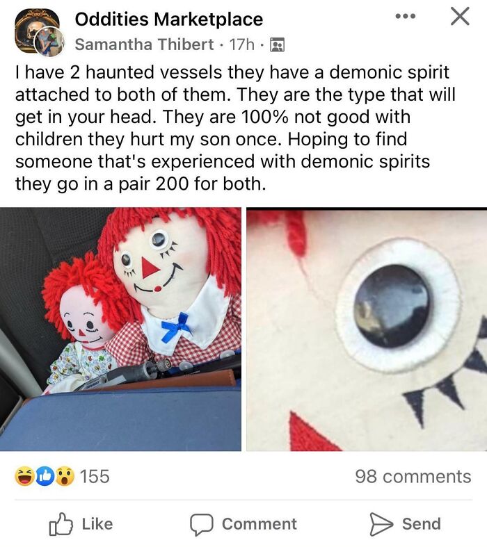 Dolls for sale in an online marketplace with claims of creepy spirits attached.