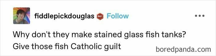 Text post with a bizarre brand new sentence about stained glass fish tanks and Catholic guilt.