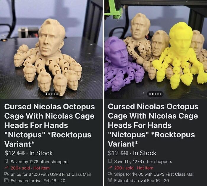 Creepy things: 3D printed octopus with multiple identical heads of a popular actor on display, available for sale online.