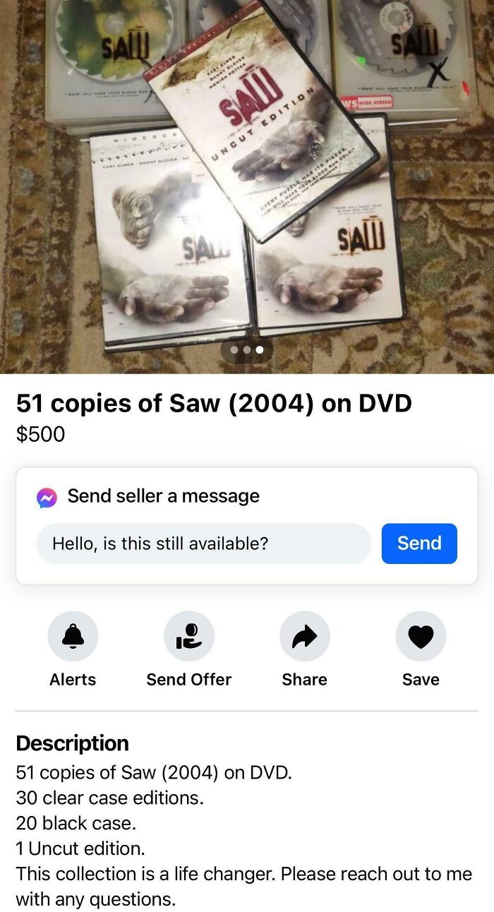 Stack of Saw DVDs, a creepy item for sale online.