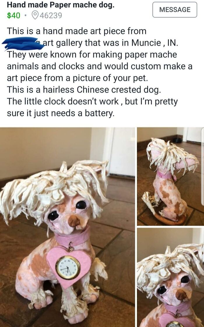 Handmade paper mache dog with clock, showcasing unique and creepy things to sell online.