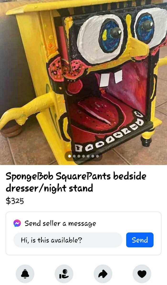 SpongeBob-themed creepy bedside dresser with painted face for sale online.