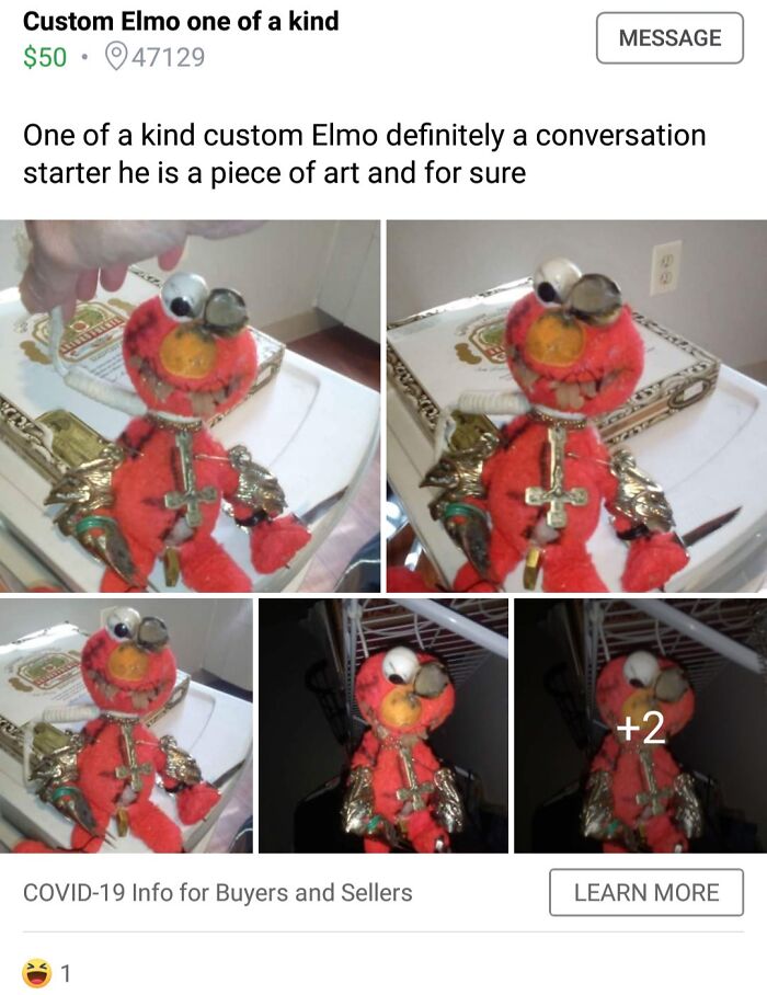 Custom Elmo with unique decorations for sale, featuring quirky and creepy design elements.