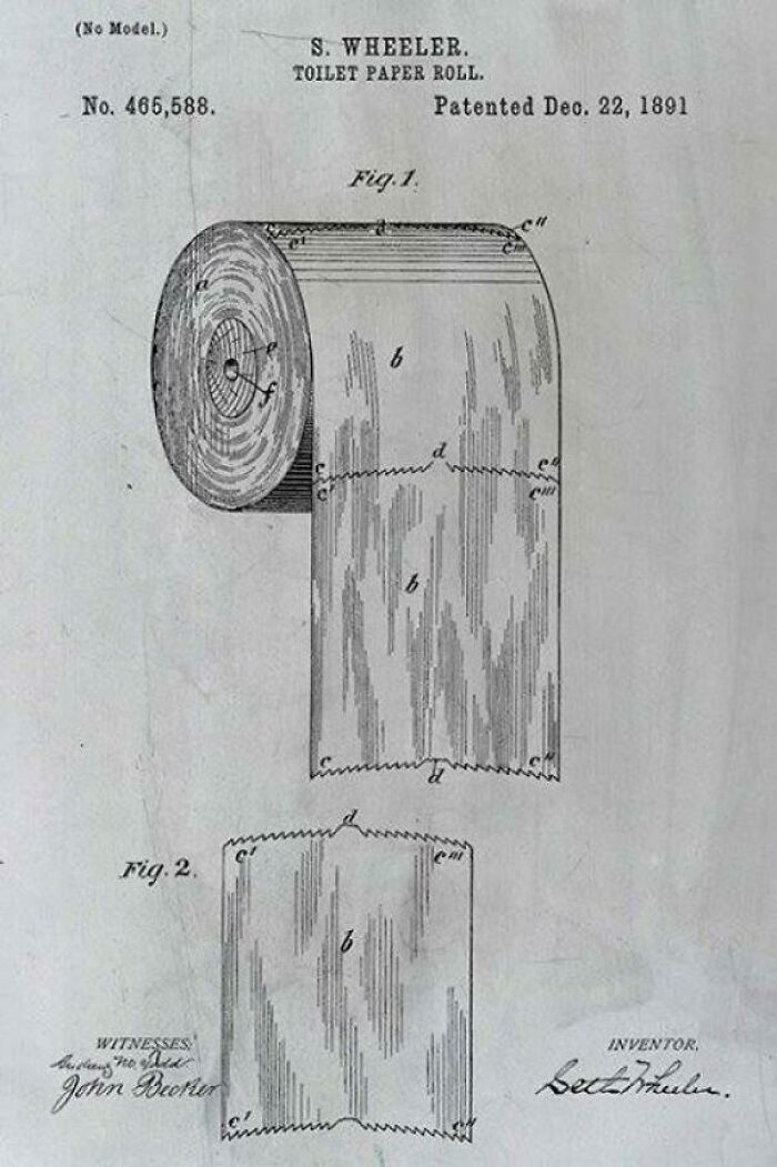 Patent drawing of a historical invention: an early design of a toilet paper roll from 1891.