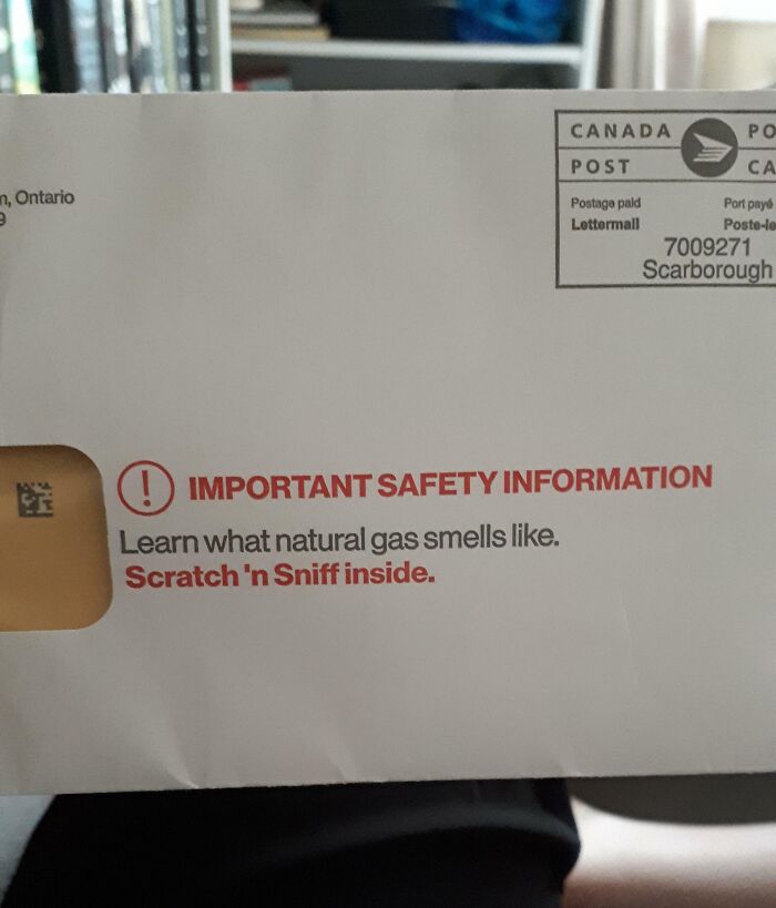 Envelope with natural gas scent scratch 'n sniff as a safety surprise.