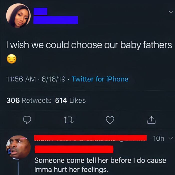 Funny post showing a Twitter exchange about choosing baby fathers, evoking both laughter and despair.