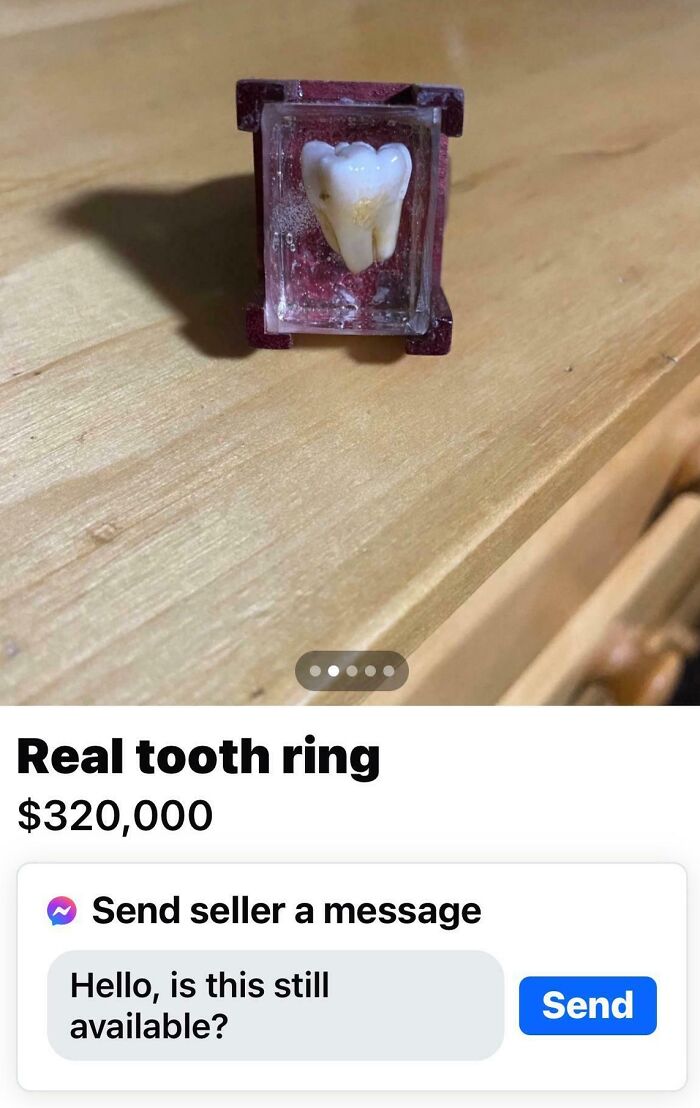 A tooth encased in a ring display labeled as a creepy item for sale online.