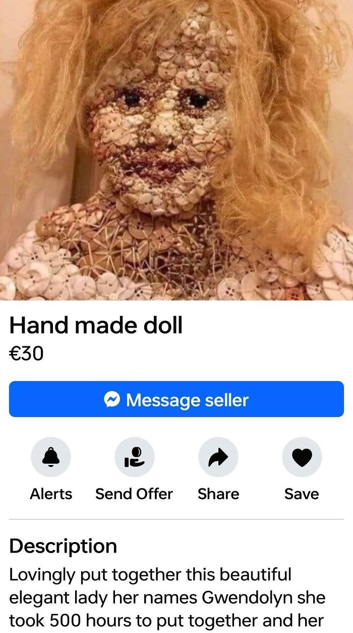 Handmade doll crafted from buttons, featuring intricate details and unique design, a creepy thing for sale online.