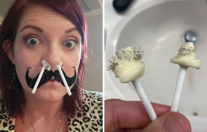 Woman humorously dealing with unavoidable body issues, showing cotton swabs used for nose hair removal by a bathroom sink.