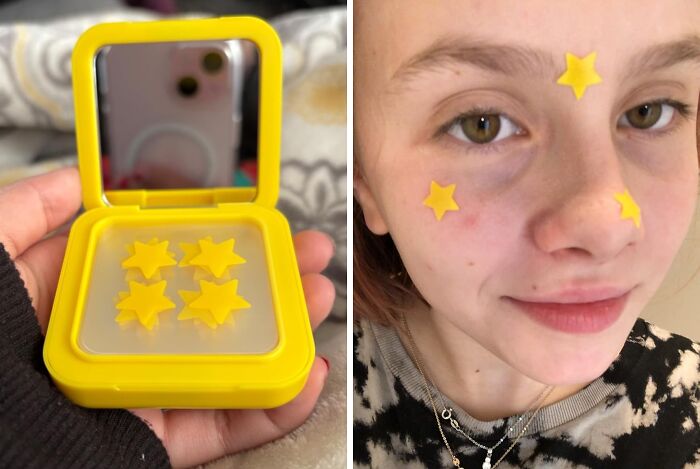 Yellow star patches on a person's face, addressing body issues.