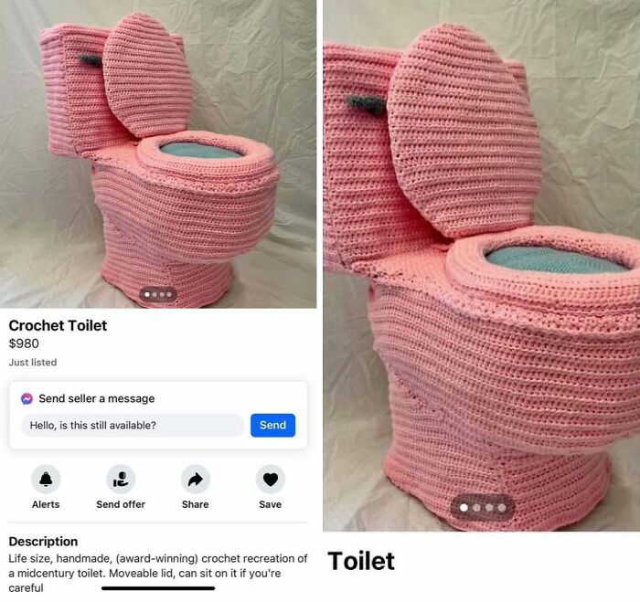 Crochet toilet for sale on Facebook Marketplace, featuring a pink handmade cover and listed at $980.