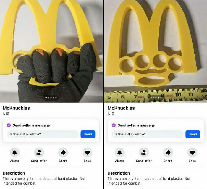 Yellow novelty item listed on Facebook Marketplace, shaped like McDonald's arches, described as non-combat plastic.