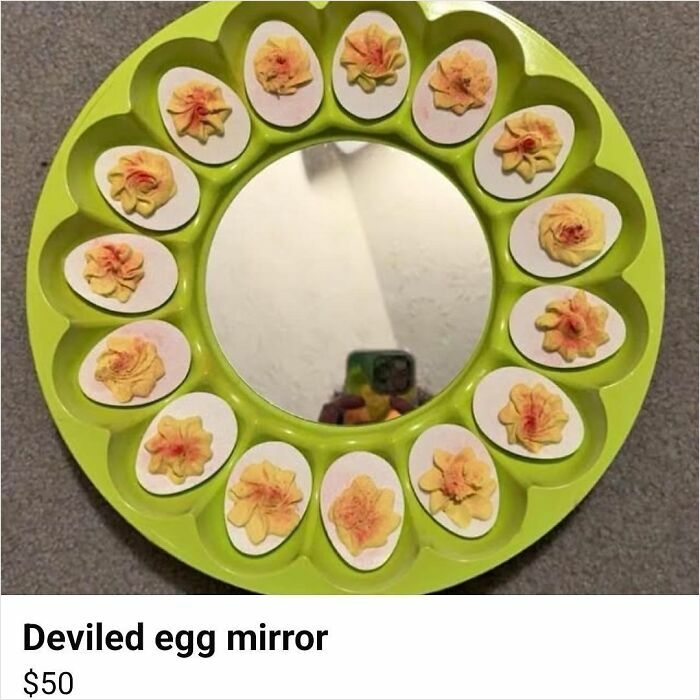 Unique deviled egg-themed mirror with decorative details, priced at $50 on Facebook Marketplace ads.