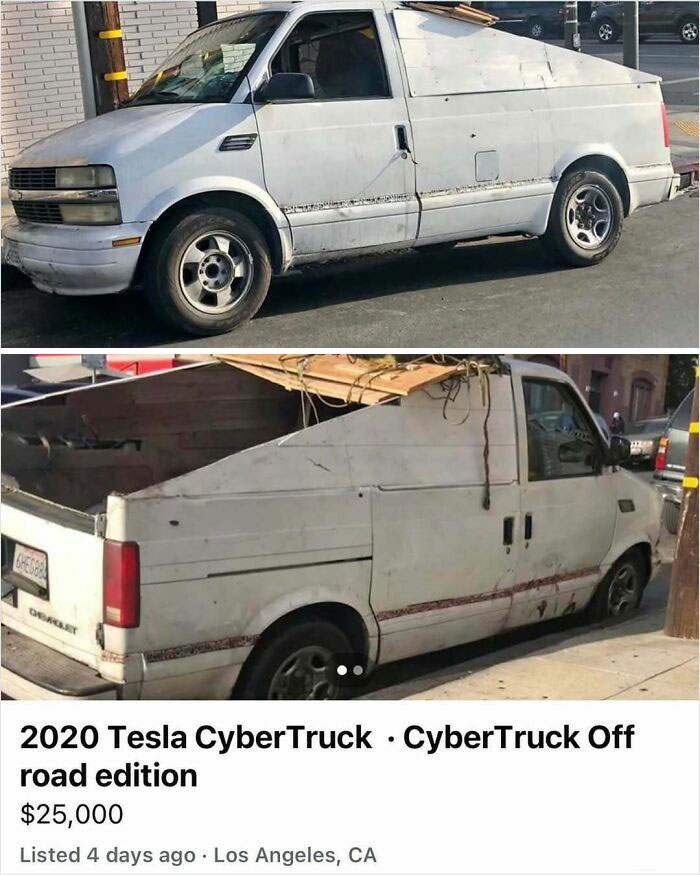 "Delusional Facebook Marketplace ad showing a white van humorously labeled as a 2020 Tesla CyberTruck."