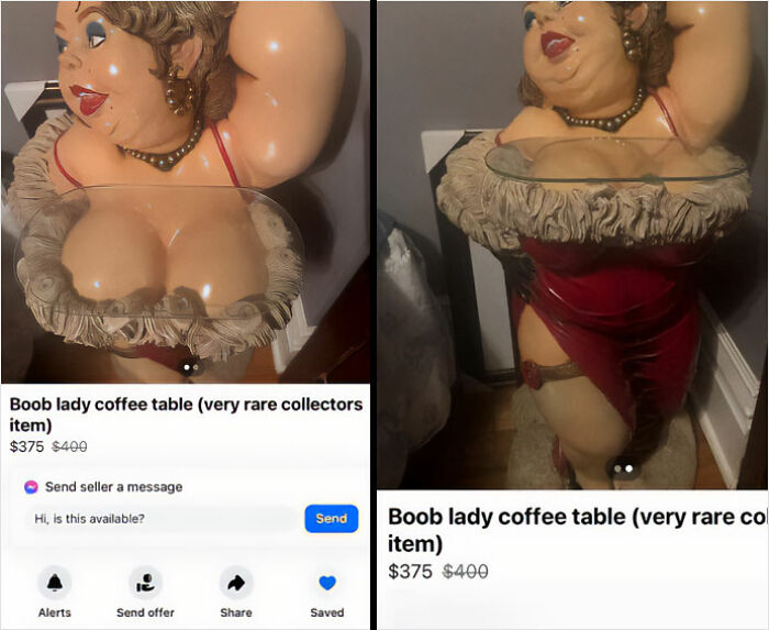 Facebook Marketplace ad for a novelty "boob lady" coffee table, labeled a rare collector's item.