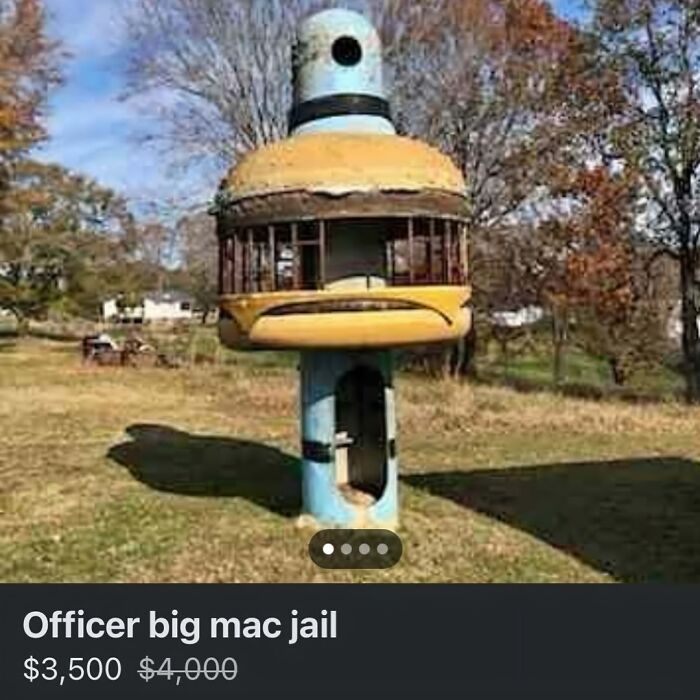 Unusual Facebook Marketplace ad featuring a vintage Officer Big Mac jail play structure in a grassy area.