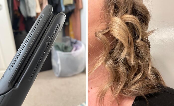 Hair styling tool showing curling effect on blonde hair, trending on #TikTokMadeMeBuyIt.