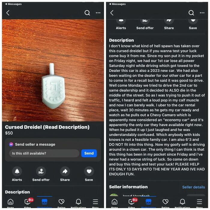 Cursed dreidel for sale on Facebook Marketplace with humorous description and $50 price.