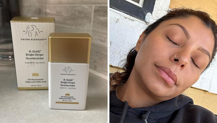 Drunk Elephant B-Goldi Bright Drops and woman relaxed, showcasing TikTok best seller beauty product.